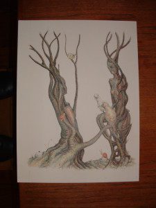 A drawing of trees with birds sitting on them.