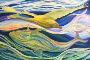 A painting of waves and yellow fish in the ocean.