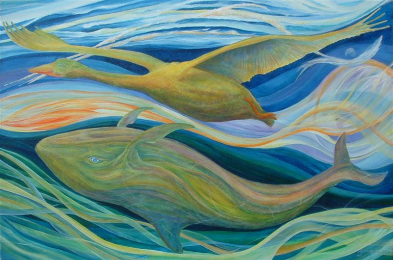 A painting of two fish swimming in the ocean.