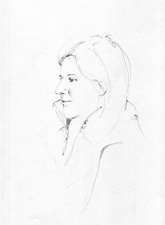 A pencil drawing of a woman in a hooded jacket.