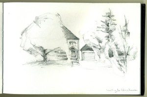 A pencil drawing of a church with trees in the background.