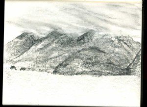 A drawing of mountains in the distance