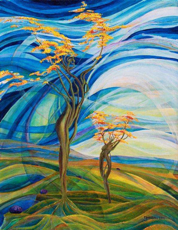 A painting of two trees in the middle of a field.