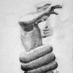 A pencil drawing of a hand holding something