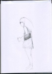 A pencil drawing of a woman holding an umbrella.