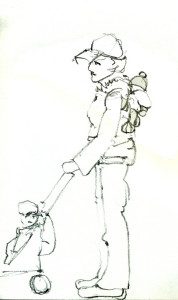 A woman with a child on her back.