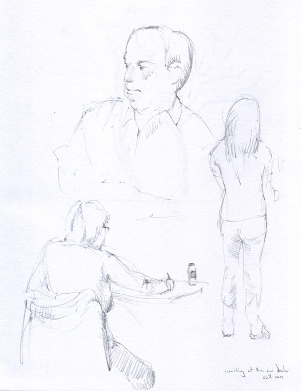 A pencil drawing of three people standing in front of a table.