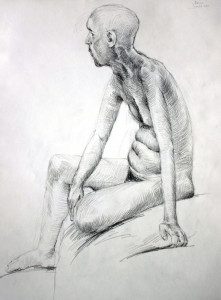 A drawing of a man sitting on the ground