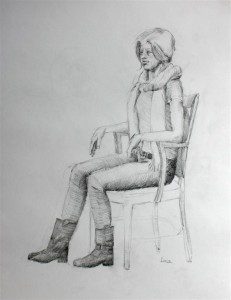 A pencil drawing of a woman sitting on a chair