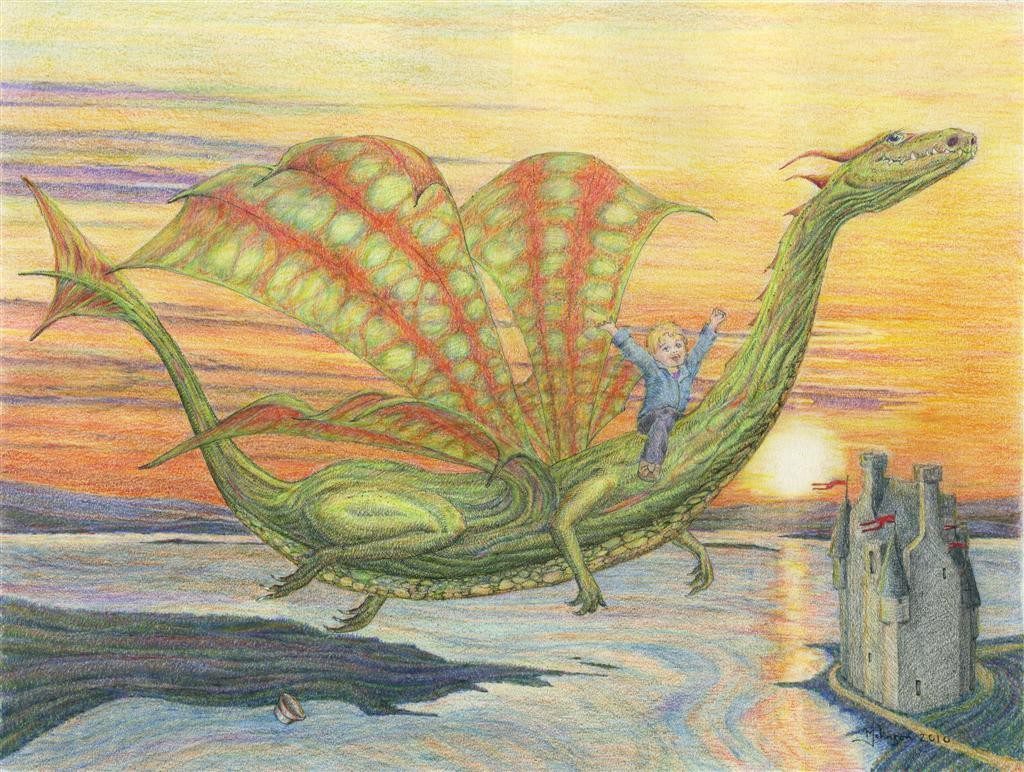 A painting of a dragon with a man on it.