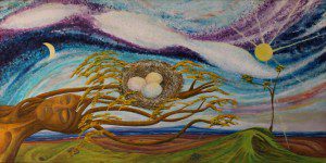 A painting of an empty nest with three eggs in it.