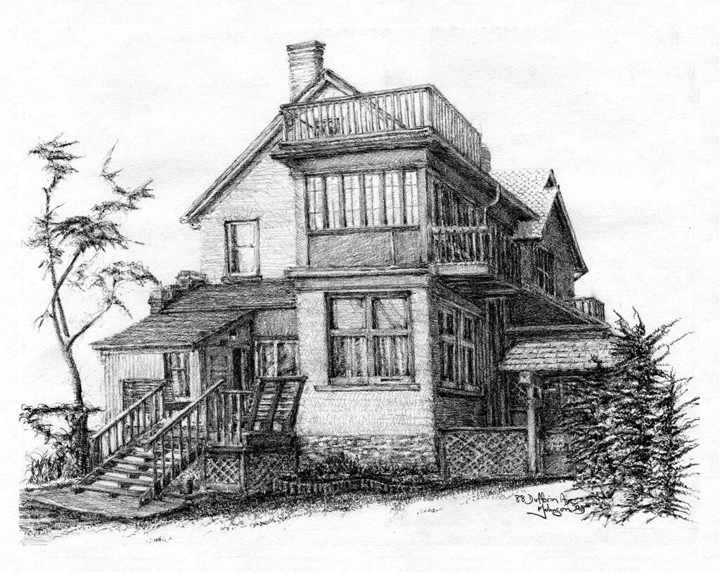 A drawing of an old house with stairs going up the side.