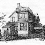 A drawing of an old house with stairs going up the side.