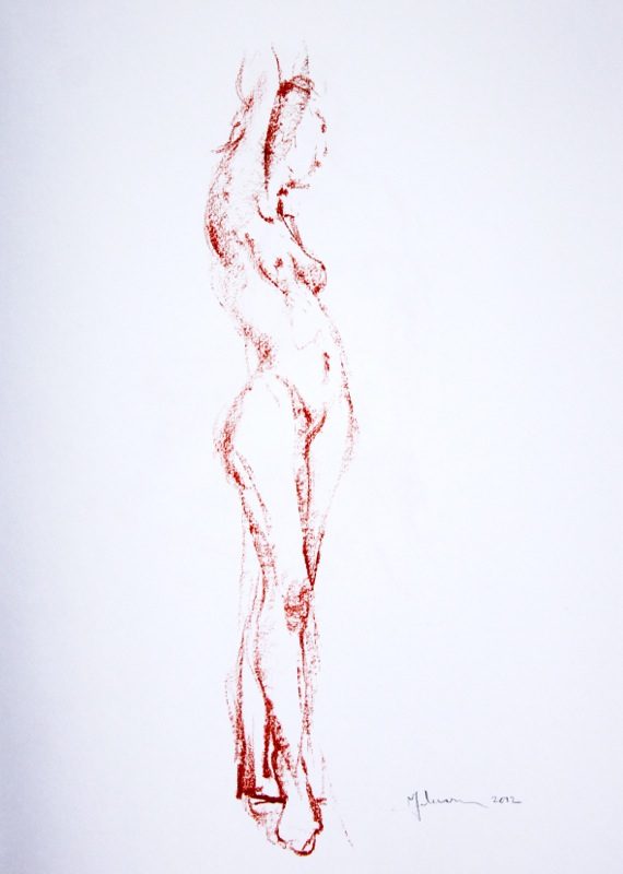 A drawing of a naked woman standing in front of the wall.