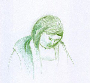 A drawing of a woman with long hair.