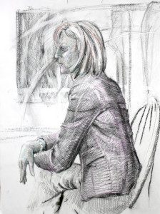 A pencil drawing of a woman sitting at a table