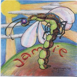 A drawing of a bug with the name jamie on it.