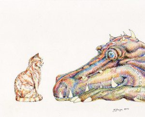 A cat and an alligator are drawn in color.