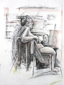 A drawing of two people sitting in chairs