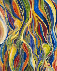 A painting of colorful flames in the air.