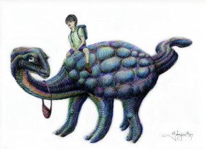 A drawing of a boy riding on the back of a dinosaur.