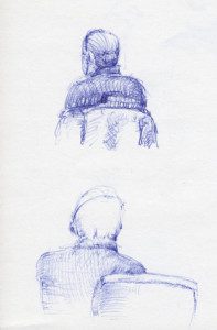 Two drawings of a person sitting in front and back.