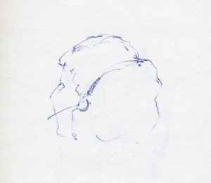 A drawing of a person with headphones on.