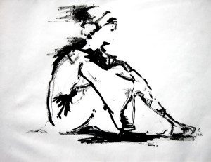 A black and white drawing of a person sitting on the ground