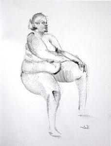 A drawing of a woman sitting on the ground