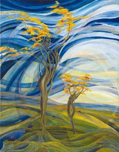 A painting of two trees in the middle of a field.