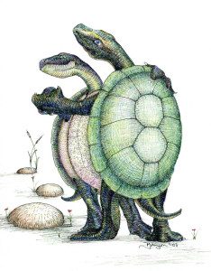 A drawing of two turtles standing next to each other.