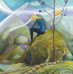 A painting of a person sitting on top of a hill