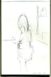 A pencil drawing of a woman in a dress