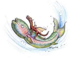 A dragon riding on the back of a fish.