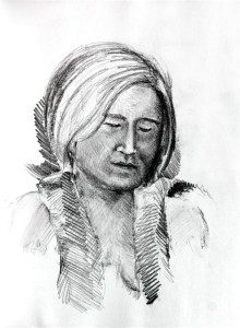 A drawing of an indian woman with long hair.