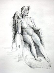 A drawing of a woman sitting in a chair