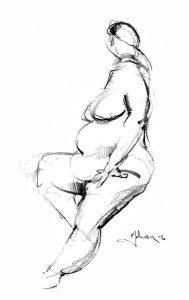 A black and white drawing of a woman in a bikini