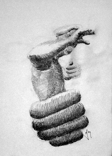 A pencil drawing of a person holding onto a rope