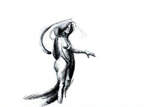 A drawing of a woman in a bathing suit