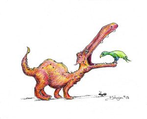 A drawing of an orange dinosaur and green bird