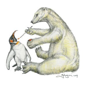 A penguin and polar bear are playing together.