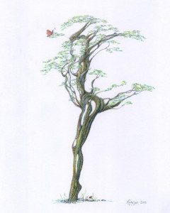 A drawing of a tree with a butterfly on it.