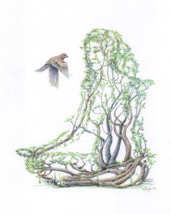 A drawing of a woman sitting in the middle of a forest.