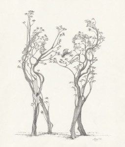 A drawing of two trees with one bird flying above the other.