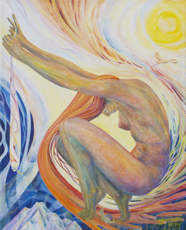 A painting of a naked woman with sun in the background.