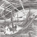 A pencil drawing of boats in the water