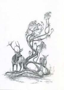 A pencil drawing of two deer standing next to each other.