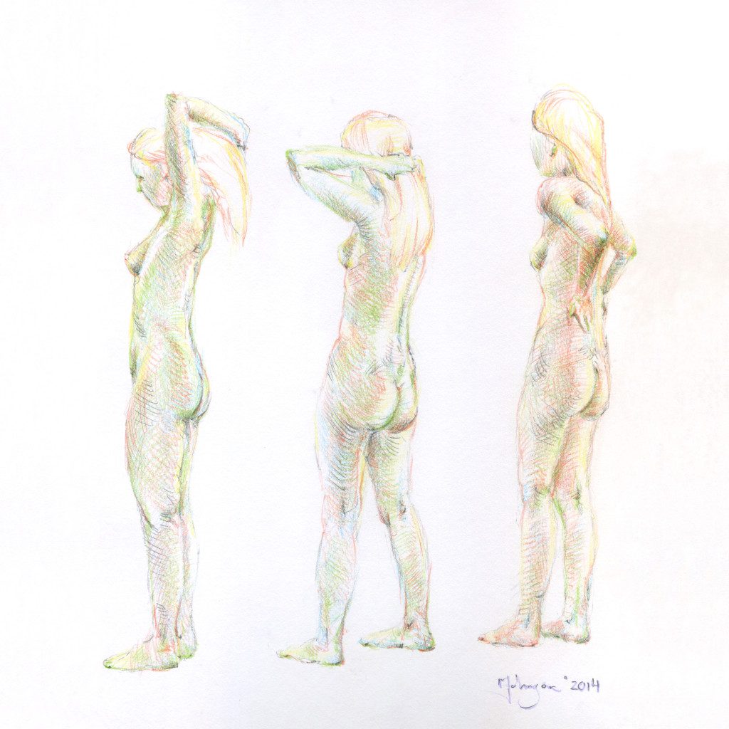 Three different poses of a naked woman