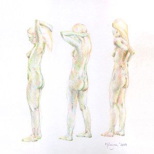 Three different poses of a naked woman