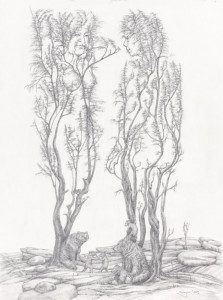 A pencil drawing of trees and bushes